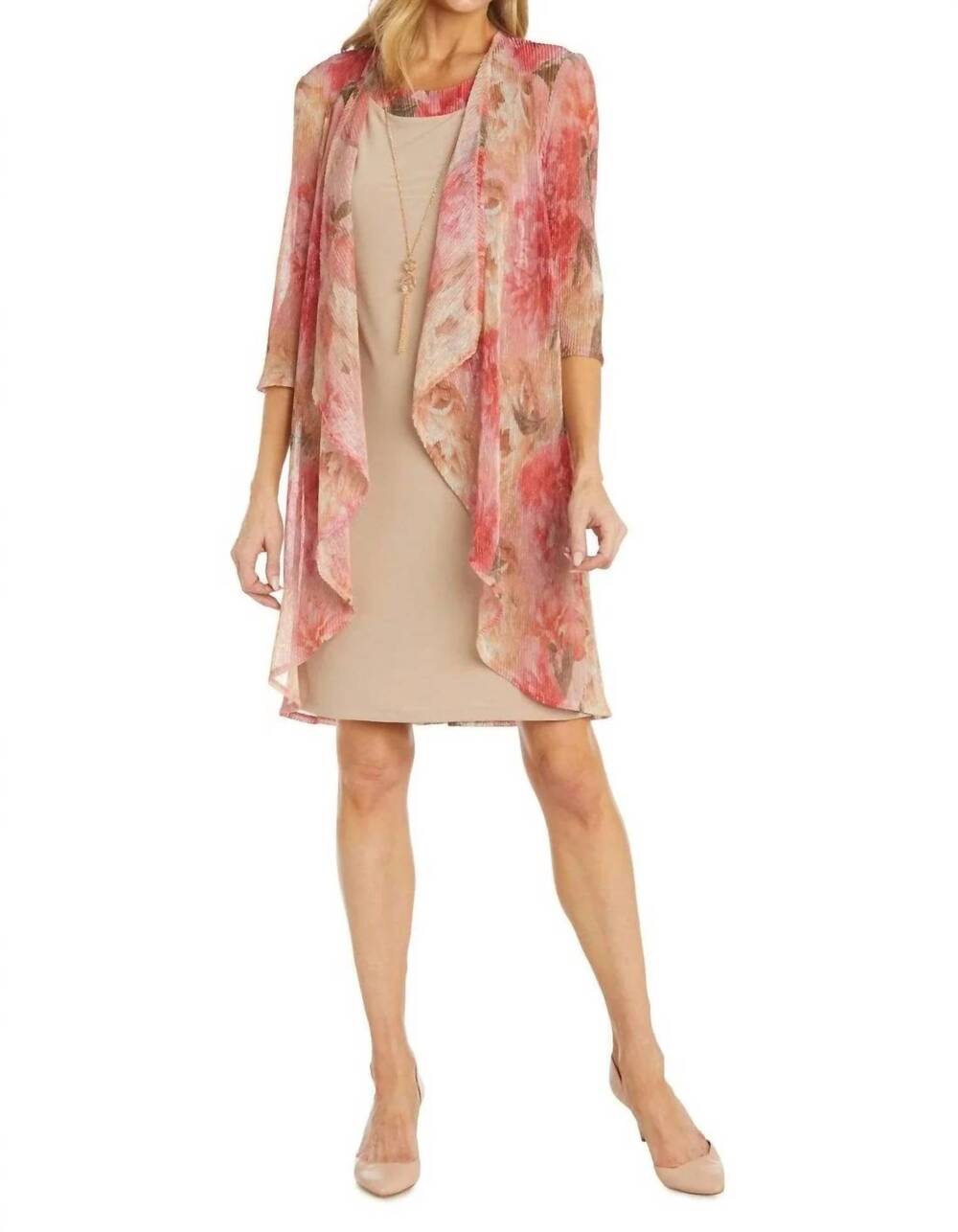 NEW R&M RICHARDS multicolored floral print jacket dress in peach coral